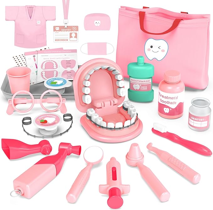 Dentist Play Set for Girls 3-5 - Doctor Kit Toy Gifts for 3 4 Year Old Toddler Girls, Pretend Play Montessori Toys Teeth and Dental Playset Medical Kits for Boys Kids 3 4 5 6 7 8 Pink