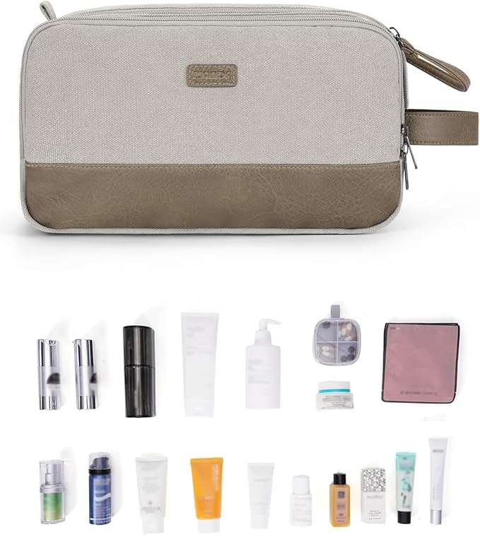 WANDF Toiletry Bag for Men Travel Toiletry Organizer Canvas and Leather Dopp Kit Water-Resistant Shaving Bag for Travel Accessories (Cream Beige, Large)