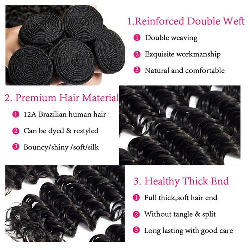 Human Hair Bundles Deep Wave 3 Bundles (16 18 20inches) 12A Grade Brazilian Virgin 100% Unprocessed Human Hair Deep Wavy Bundles Natural Black Weave Raw Hair