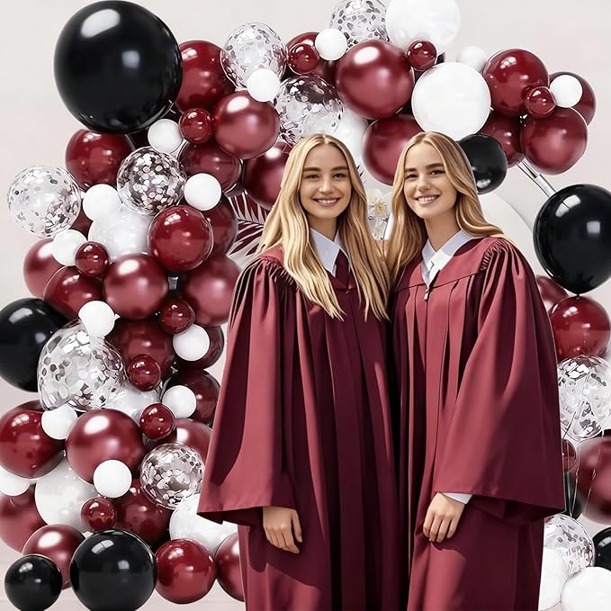 Graduation Party Decorations Maroon White 2026/Graduation Decorations Burgundy Black White Balloon Arch Kit/Burgundy Black Silver Confetti Balloons 134pcs/Maroon Birthday Wedding Party Decor