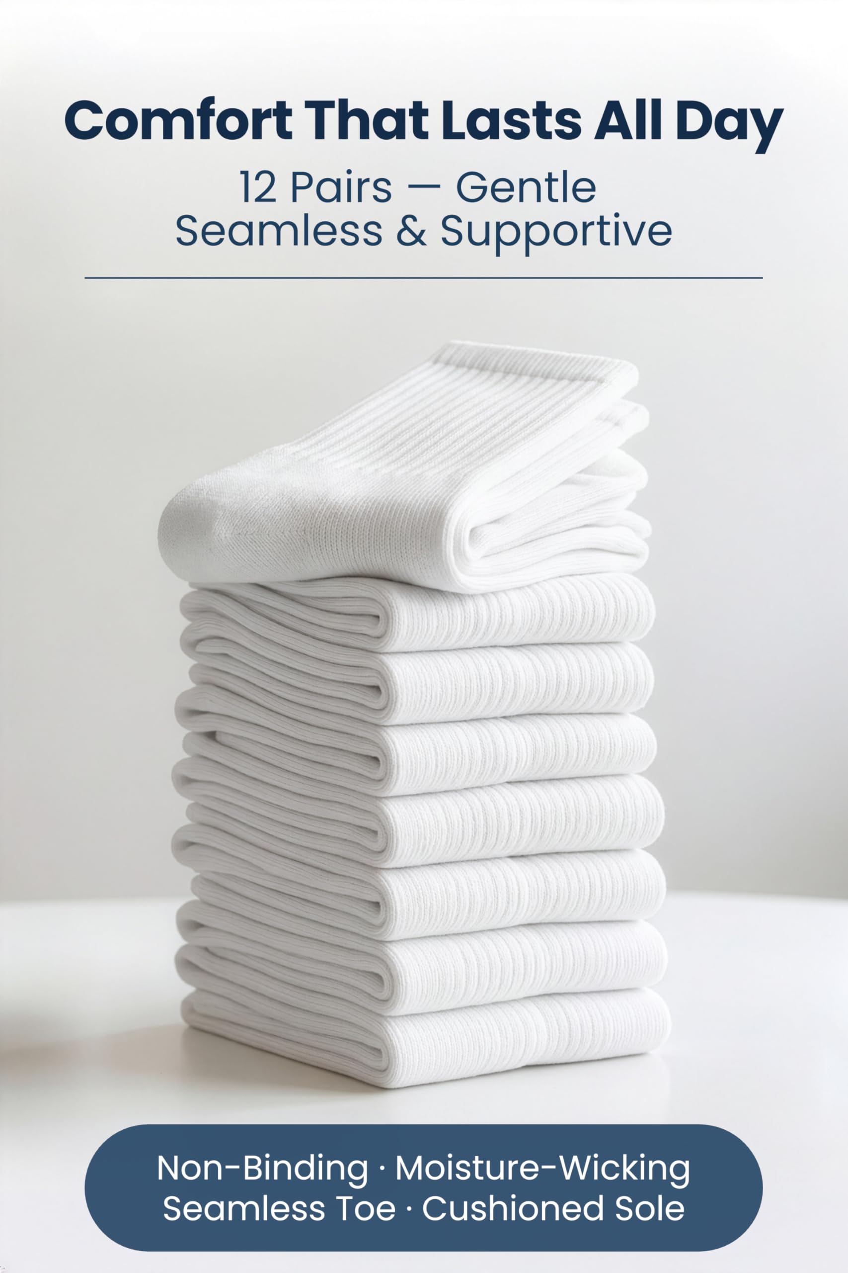 Special Essentials Diabetic Socks for Men & Women – 12 Pairs of Non-Binding Extra Wide Top Cotton Neuropathy Socks – Crew Length, White, 9-11