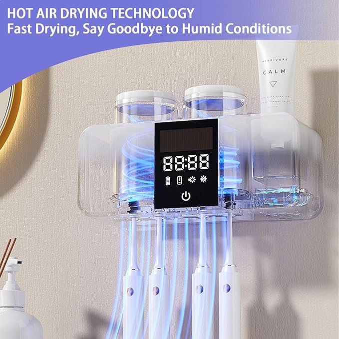 Toothbrush Holder Wall Mounted, 2 Cups Solar Powered Toothbrush Stand, Smart Toothbrush Holder with Cleaning and Drying, Cleaning Box with 4 Toothbrush Slot for Bathroom (White - 2 Cup)