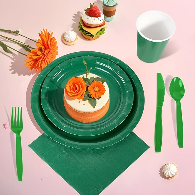 Ottin 169PCS Green Party Supplies for 24 Guests – Disposable Paper Plates, Napkins, Cups, Forks, Knives, Spoons & Tablecloth for Birthday, Wedding, Halloween, Thanksgiving, Christmas, and New Year