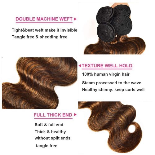 Nadula 12A Highlight Brown Ombre Body Wave Human Hair Weave 1 Bundle 20inch,Balayage Colored Brazilian 100% Remy Human Hair Wavy Bundles Extensions Blonde #FB30 Color