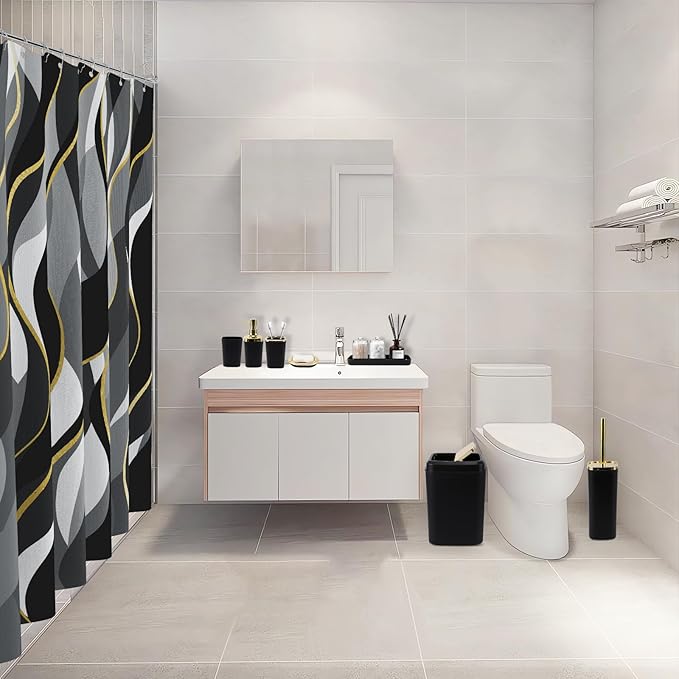 Black Bathroom Set, Bathroom Sets with Stripe Shower Curtain, Black and Gold Bathroom Accessories with Trash Can, Soap Dispenser, Soap Dish, Toilet Brush Holder, Qtip Holders for Bathroom