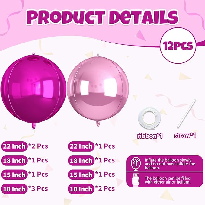 12Pcs Hot Pink and Pink Round Balloons Foil, 22" 18" 15" 10" 4D Round Ball Balloon, Big Hot Pink Metallic Balloons for Valentines Wedding Anniversary Bridal Shower Prom Birthday Decorations Supplies