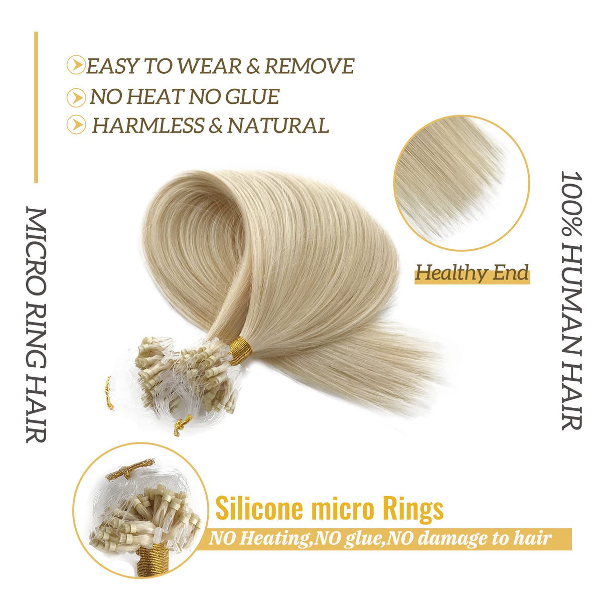 White Blonde Micro Beads Hair Extensions for Women - Micro Ring Cold Fusion Platinum Blonde #60 Microlink Natural Straight Soft Human Hair 50G/50Strands