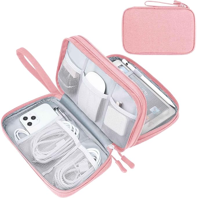 FYY Electronic Organizer, Large Travel Cable Organizer Bag Pouch Electronic Accessories Carry Case Portable Waterproof Double Layers All-in-One Storage Bag for Cable, Cord, Charger, Phone, Pink