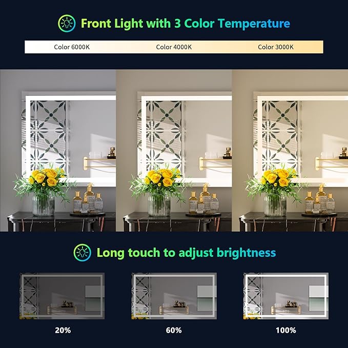 55x40 Inch RGB LED Bathroom Mirror Front Light and RGB Backlit Lighted Vanity Mirror for Bathroom Wall Mounted Dimmable Anti Fog Memory Shatter-Proof IP54 Waterproof Horizontal/Vertical