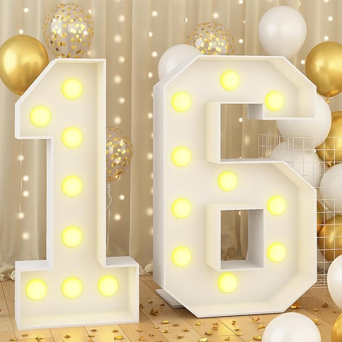 4ft Light Up Numbers Marquee 16 Numbers with Lights White Slots-in Frame for Men Women 16th Birthday Party Decorations Pre-Cut Mosaic Cardboard Large Cut-Out Thick Foam Board Sign Anniversary