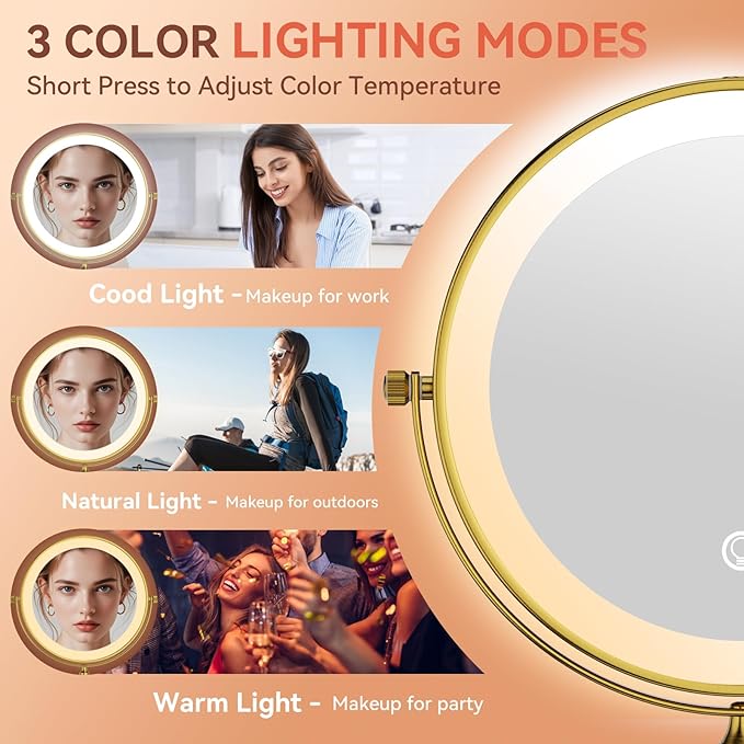 8" Wall Mounted Lighted Makeup Mirror, Rechargeable 1&7X Magnifying Mirror with Light, | 3 Color LED Lighting & Touch Control | 360° Rotation & Extended Arm Wall Mounted Makeup Mirror M1406DGJ(8",7X)