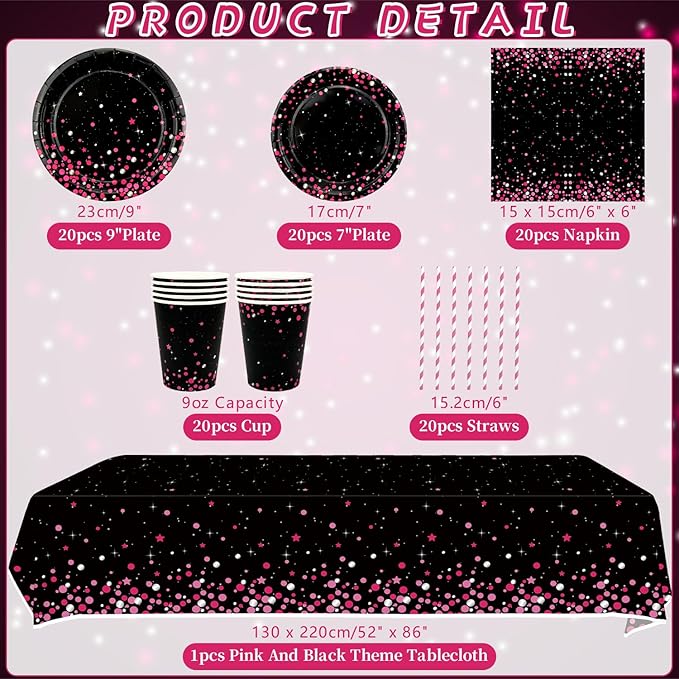 Pink Black Party Decoration - Pink and Black Birthday Party Tableware Supplies Includes Plates, Cups, Napkins, Tablecloth, Straws (20)