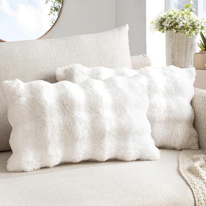 MIULEE Faux Fur Pillow Covers Thick Soft Plush Christmas Lumbar Throw Pillows Luxury Home Decor for Winter Holiday Couch Bedroom Living Room Sofa,12x20 Inch Pack of 2 White