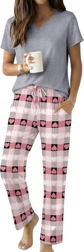 Ekouaer 2 Piece Womens Pajamas V Neck Short Sleeve Top and Long Pants Pjs Print Lounge Set Sleepwear