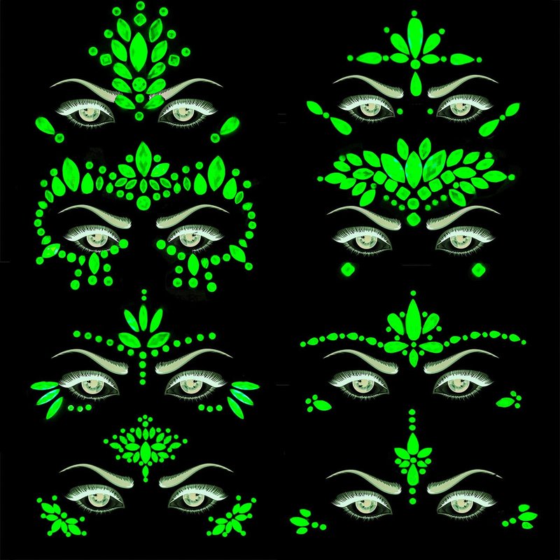 8Sets Noctilucent Face Gems Body Stickers Glow in the Dark Luminous Face Jewels fluorescent face tattoo crystals rhinestone sticker body jewelry for Halloween