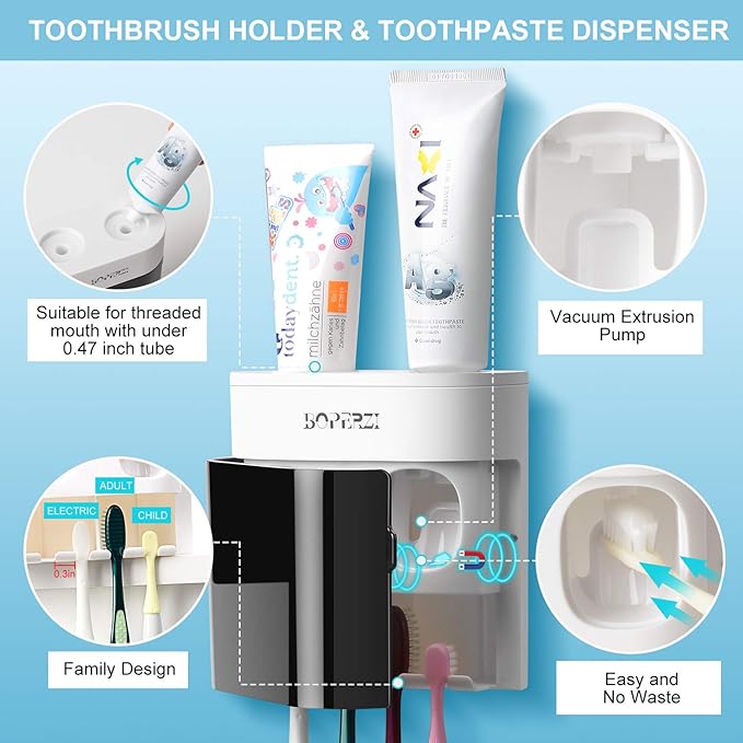 Boperzi Dustproof Cover Toothbrush Holder Wall Mounted Automatic Dispenser for Shower Bathroom Set with 2 Toothpaste Squeezers(No Electric, No Light)