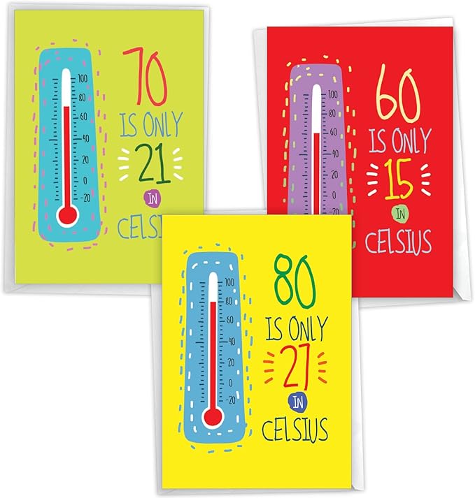 NobleWorks Assortment Pack of 3 Hilarious 607080th Milestone Birthday Greeting Cards with Envelopes For Men and Women (3 Designs, 1 Each) Celsius Major Milestones VC10230MBG-C1x3