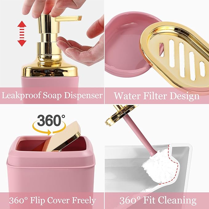 Bathroom Set - Pink and Gold Bathroom Accessories Set, Bathroom Sets with Shower Curtain and Rugs, Pink Shower Curtain Set with Bathroom Trash Can, Soap Dispenser, Soap Dish for Home Decor