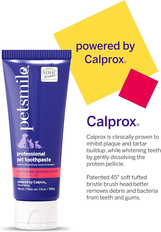 Petsmile Professional Pet Teeth Brushing Kit for Cats & Dogs - Only VOHC Accepted Toothpaste & Patented Toothbrush - Proven to Control Plaque & Tartar Calprox Formula (Rotisserie Chicken, 2.5 Oz)
