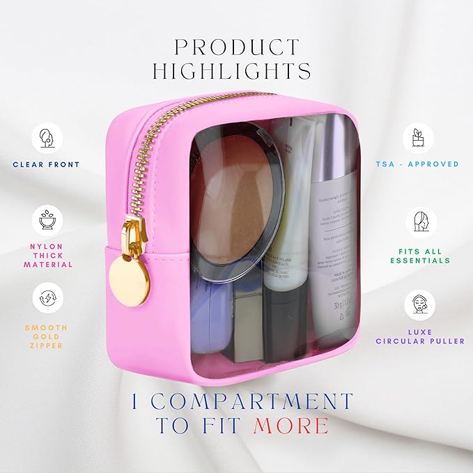 DANCOUR Clear Mini Makeup Bag for Purse Small Cosmetic Pouch Travel Organizer Transparent Toiletry Case Mini Pouch Light Pink