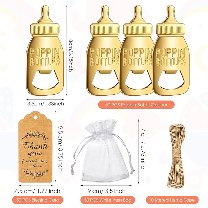 CHENGU Popping Bottle Openers Baby Shower Return Favors for Guests Bottle Opener Decorations and Souvenirs with Organza Bags Thank You Tags for Theme Party Favors (Retro Style,151 Pieces)