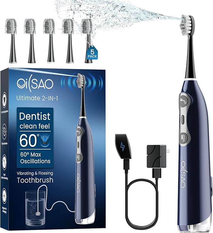 3-in-1 Flossing Toothbrush-Flosses, Vibrates and Oscillates, Electric Toothbrush with Water Flosser Equipe 5 Brush Heads, Plaque Removal for Sensitivity, Braces-Blue