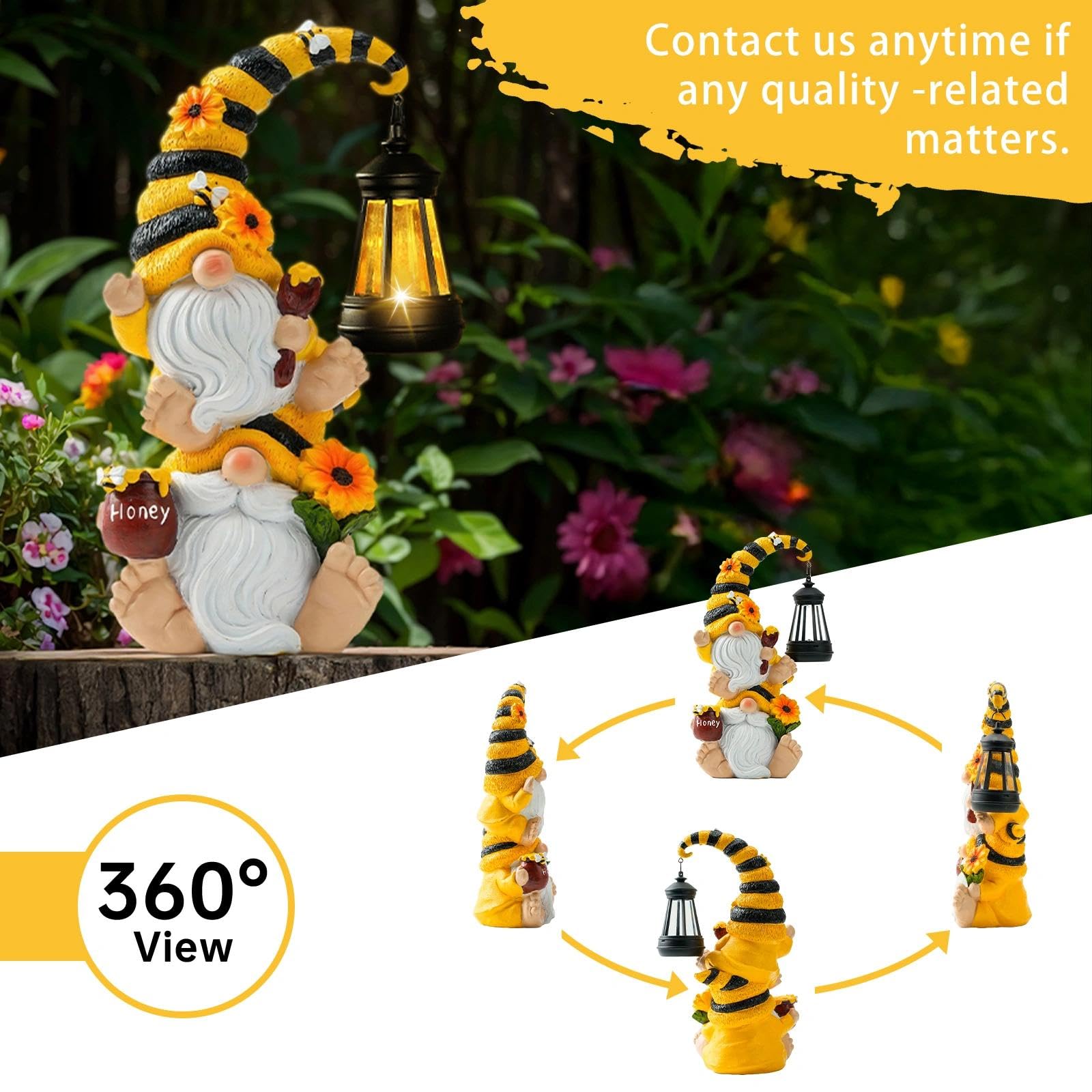 QZZP Solar Bee Garden Gnomes with LED Lantern, 12.2-Inch Outdoor Statue