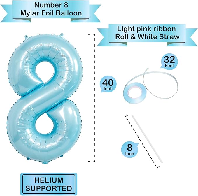 40 Inch light blue Number Balloons, Helium Mylar Foil Number Balloons for Birthdays, Number 8 Balloon for Party Decorations, Birthday Decorations, Wedding Decorations, Boy Baby Shower Decorations