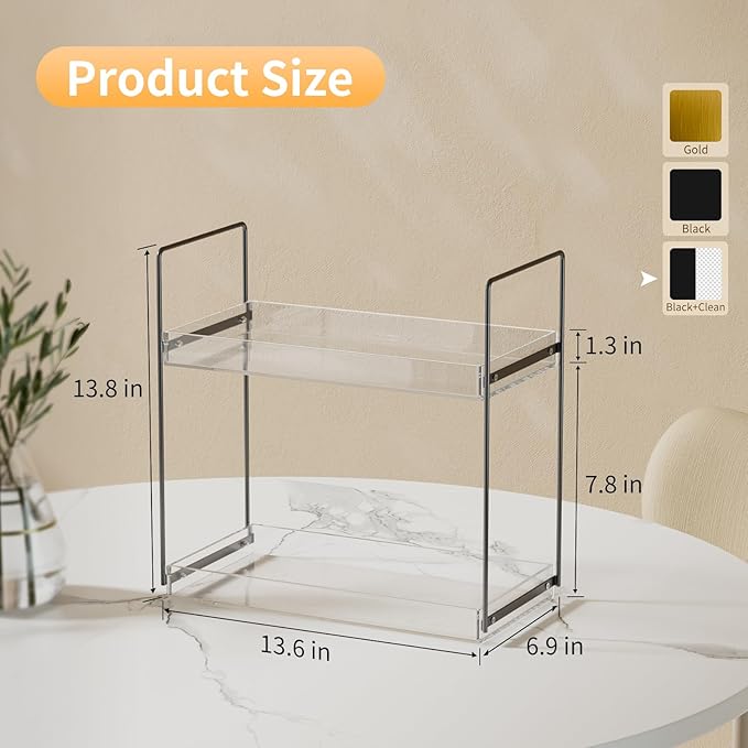Bathroom Countertop Organizer, 2 Tier Acrylic Tray Vanity Counter Skincare Organizer Shelf, Home Storage Holder for Lotion Makeup Cosmetics Perfume Spice, Black+Clear
