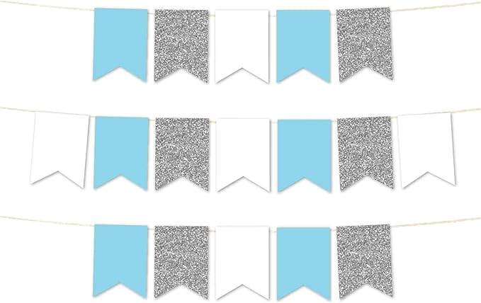 Andaz Press Hanging Pennant Banner with String, Baby Blue, White, Silver, 1-Set, 24 Pennants, Approx. 12-Feet Long, Frozen Winter Theme Colored Supplies