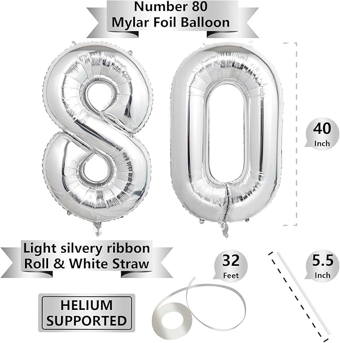 Number Balloons Silver Party Balloon - Giant Number 80 Balloon, 40 Inch Large Balloon for 80th Birthday Decorations, Silver Party Supplies for Anniversary
