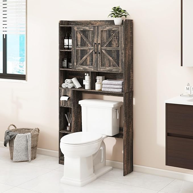 Over The Toilet Storage Cabinet, Farmhouse Storage Cabinet Over Toilet with 2 Barn Doors & Toilet Paper Holder Stand，Home Space-Saving Toilet Rack, for Bathroom, Restroom, Laundry