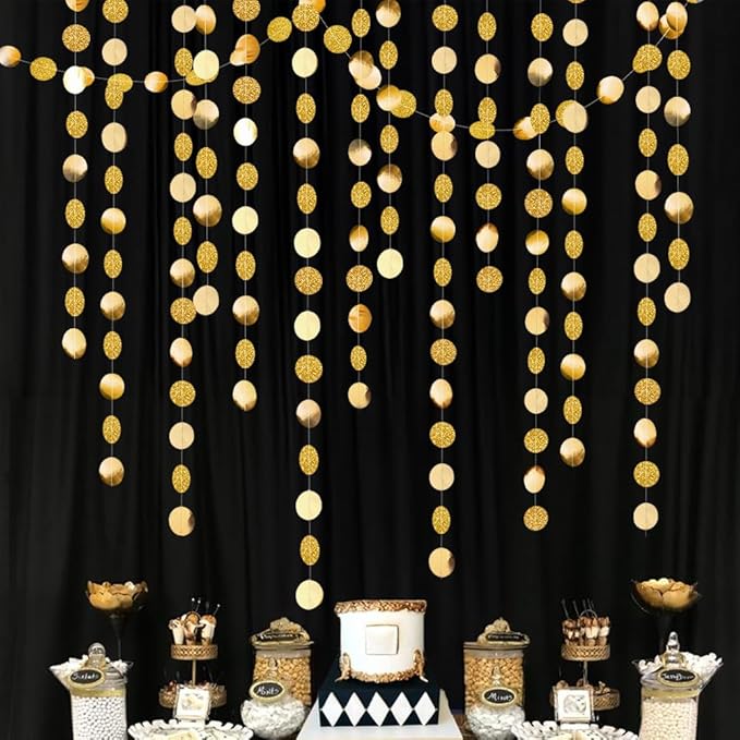 Decor365 Glitter Gold Party Decorations Glitter Golden Birthday Decoration Circle Dot Garlands Baby Bridal Shower Christmas New Year's Eve Anniversary Graduation Gold Streamer Decor