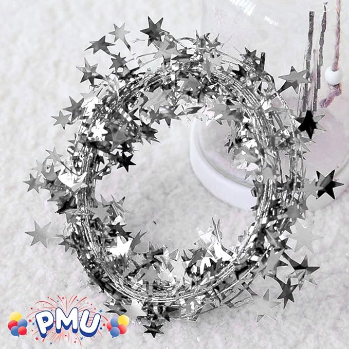 PMU 150 Ft Star Wire Shiny Garland Silver - Halloween, Christmas Party, Wedding, Birthday, Festive Home Decoration Ornament Silver (6pc-25Ft Each)