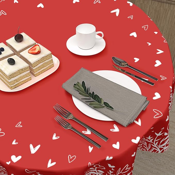 Valentine's Day Round Tablecloth 60 Inch Red Heart Pattern Circle Table Cloth Spring Holiday Table Cover Washable Polyester Decorations for Home Kitchen Dinning Party