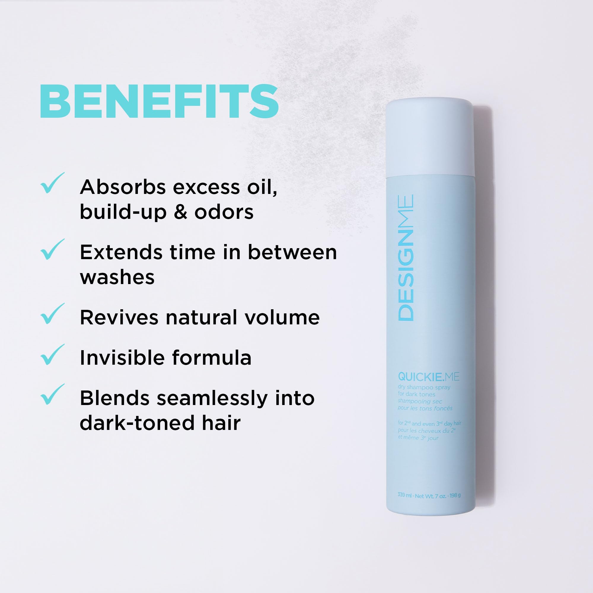 Design.Me QUICKIE.ME Dry Shampoo For Dark Tones | Instantly Refreshes, Absorbs Oils | Root-Lifting Formula with Rice Starch | Residue-Free Waterless Spray for Brown, Black, Dark & Red Hair