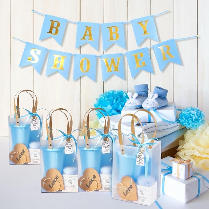 56Pcs Baby Shower Prizes for Game Winners Baby Shower Favors Gifts including Plastic Tumbler Notebook Scented Candles Ballpoint Pen Mirrors with Hair Brushes Bracelet Gift Bag (Blue)