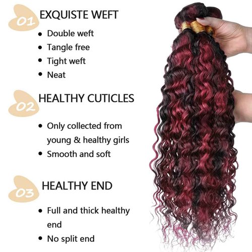 Fabimiya 20 22 24 inch Burgundy P1B/99J Deep Wave Human Hair Bundles Wine Red Human Hair Bundles Unprocessed Burgundy Soft Sewn In Hair with Double Weft for Black Women