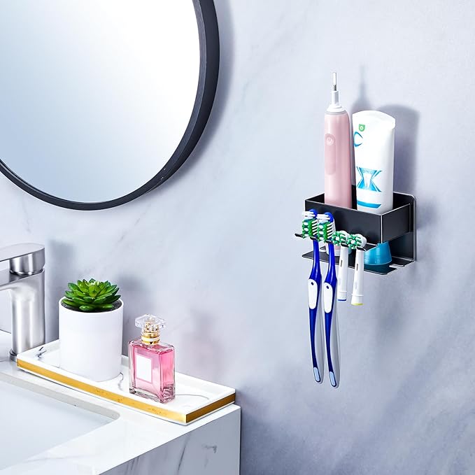 Toothbrush Head Holders, Electric Tooth Brush Head Holder, Adhesive Toothpaste Holder for Shower Bathrooms, Wall Mounted Tooth Brushing Holder Organizer Storage (Black, Small)