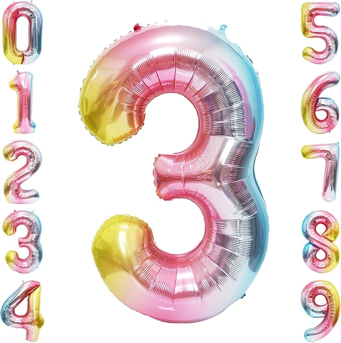 Rainbow Number Balloons Birthday Balloons - Giant Number 3 Balloon 40 inch, Numbers Balloon Birthday Decorations, Rainbow Party Supplies for Baby Shower