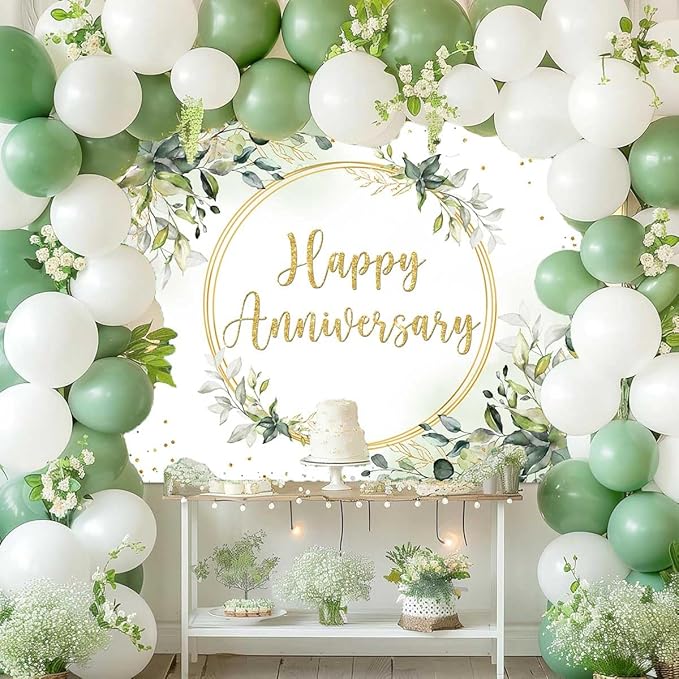 Sensfun 8x6ft Happy Anniversary Backdrop Sage Green Eucalyptus Wedding Anniversary Party Decorations Greenery Marriage Memorial Day Cheers to 10 Years 25th 40th 50th Wedding Day Banner