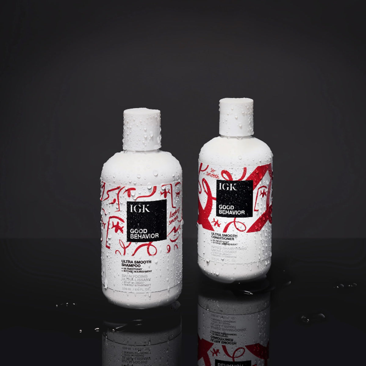 IGK GOOD BEHAVIOR Ultra Smooth Shampoo & Conditioner Set + Travel Size Packettes | Frizz Control + Shine | Vegan + Cruelty-Free | 8 oz (Pack of 2)