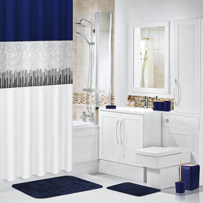 24PCS Bathroom Sets with Shower Curtain and Rugs, Navy Blue Bathroom Accessories Set Navy Blue Shower Curtain Set Bathroom Accessories with Bathroom Trash Can