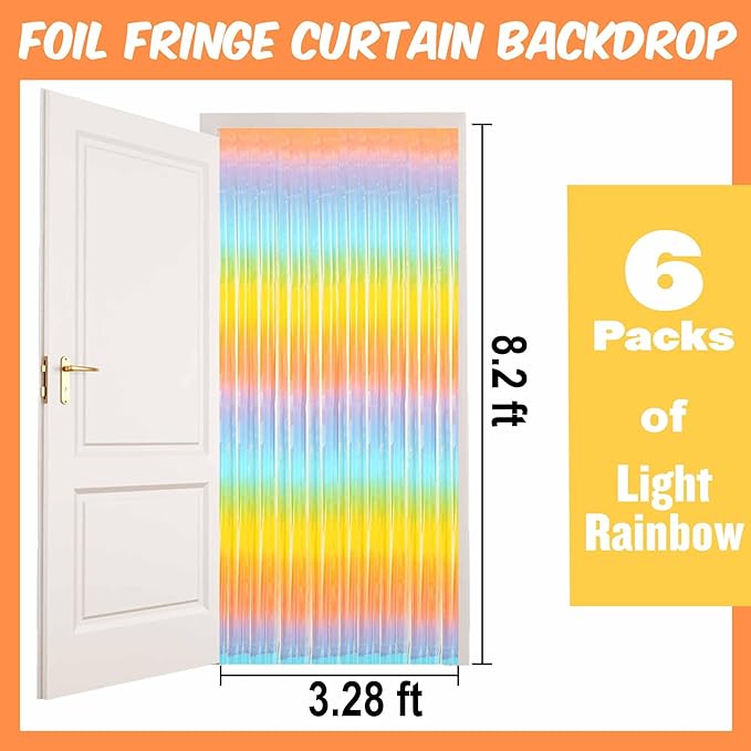 6 Pack Light Rainbow Foil Fringe Curtains Backdrop, 3.28 x 8.2 Ft Metallic Streamers Tinsel Curtains Background for Photo Booth, Birthday, Christmas, Halloween, New Year Party Decorations