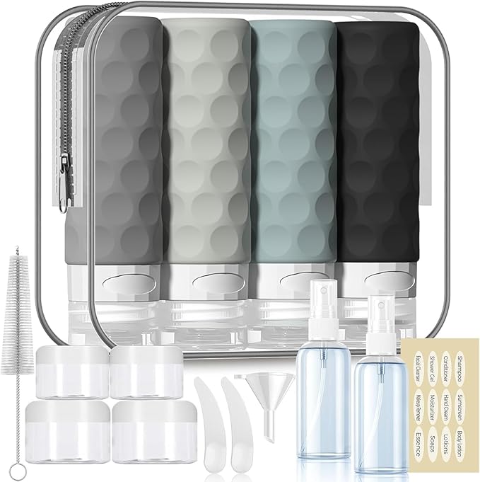 Silevoler 16pack Travel Bottles for Toiletries, TSA Approved Travel Size Containers Set, Leak Proof Refillable Liquid & Creams Toiletries Accessories Kit W/Toiletry Bag (Gray)
