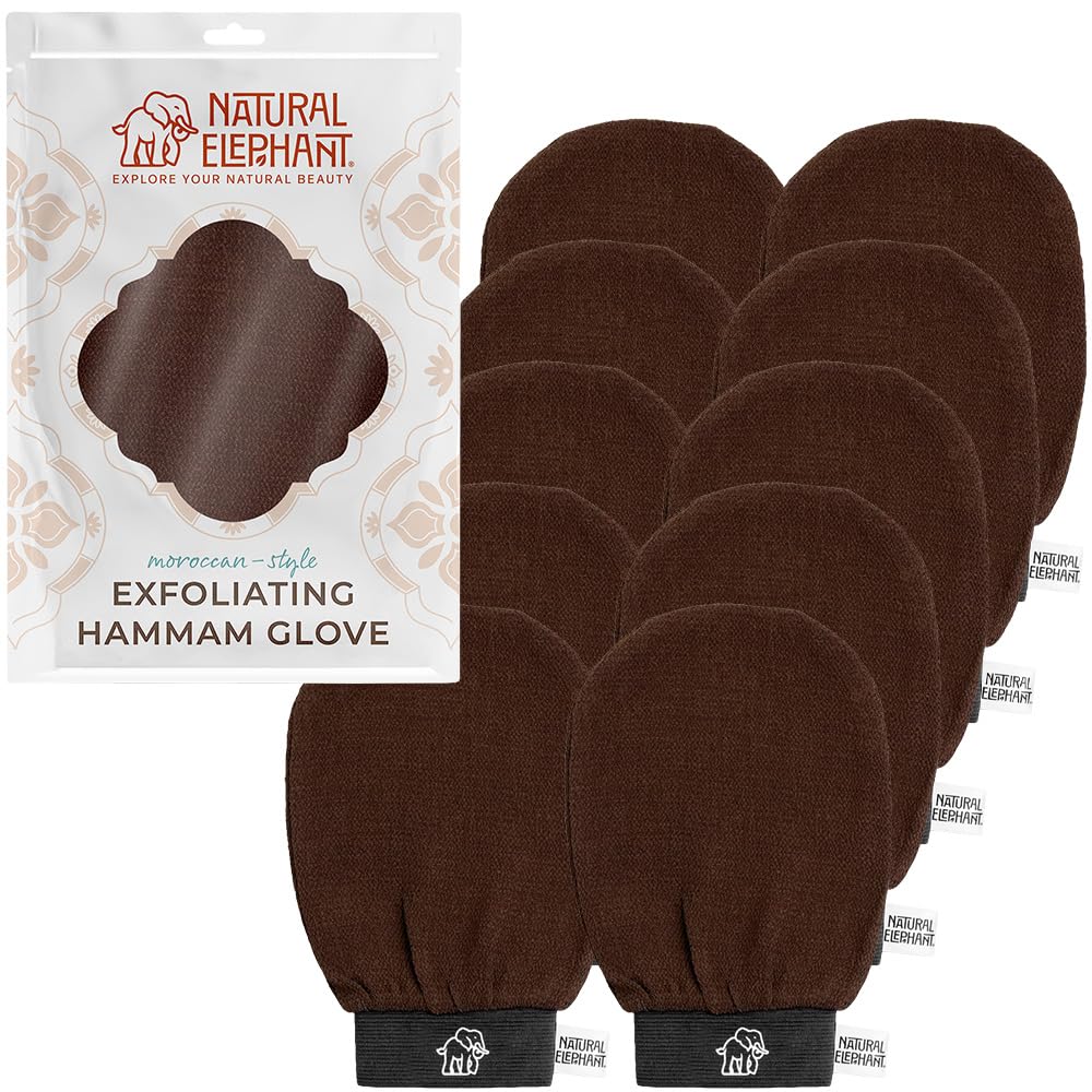 Natural Elephant Exfoliating Hammam Glove - Face and Body Exfoliator Mitt 5 and 10 Packs (Chocolate Brown (Pack of 10))