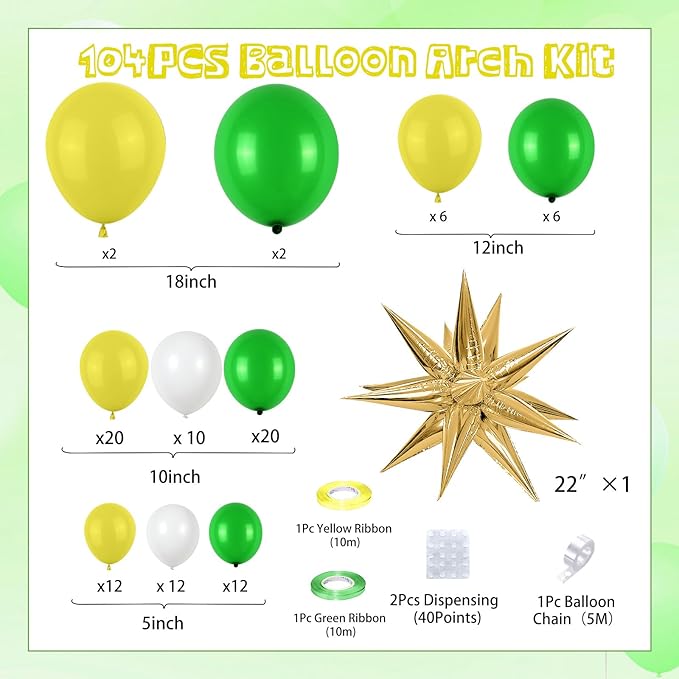 Green Yellow Balloon Garland Kit, Golf Birthday Decorations with Dark Green Yellow Latex Balloons Gold Star Foil Balloon for Boys Birthday Forest Jungle Tractor Soccer Party Decorations