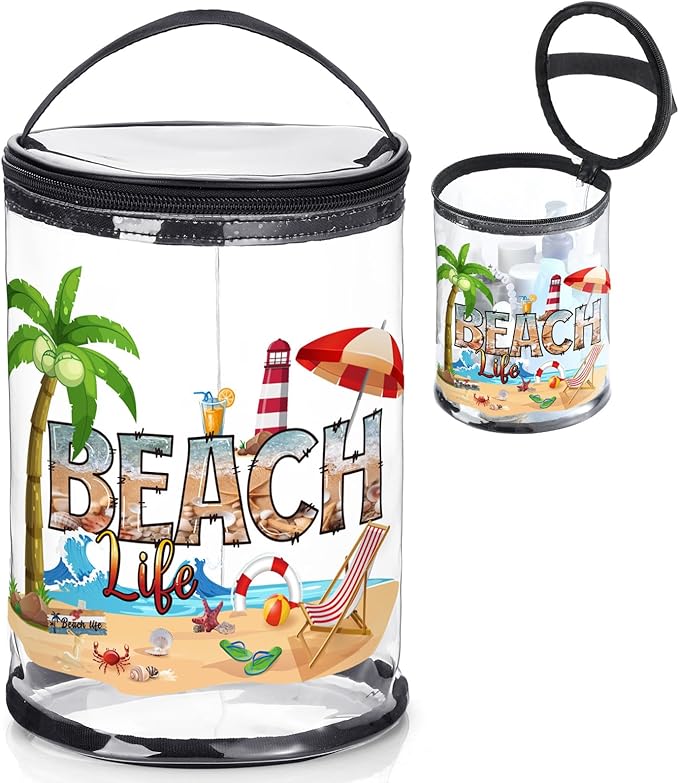 Sanwuta Beach Gifts Heavy Duty Clear Lotion Toiletry Bags for Travel Sunscreen Makeup Cosmetic Pouch Cylinder Bag Waterproof Portable Trip Bag with Handle Zipper(Beach Life)