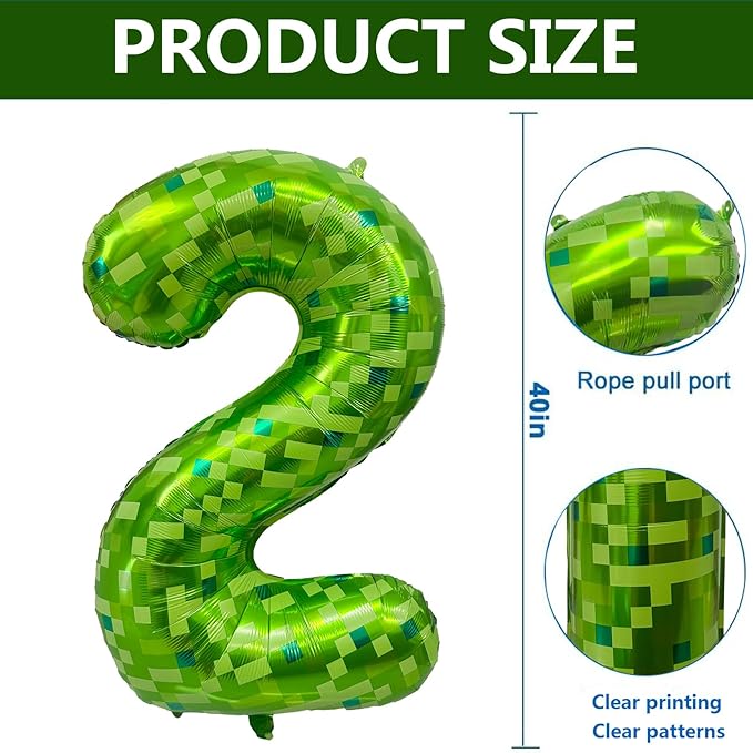 Green Number Balloons, Gaint Green Pixel Number 2 Balloon 40 Inch Dark green 2 Balloon for Boys Girls Kids 2nd Birthday Party Decoration