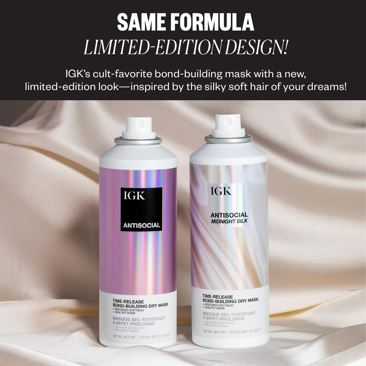 IGK Antisocial Midnight Silk Bond-Building Dry Hair Mask – No-Rinse Leave-In Treatment with Vegan Silk Protein – Limited Edition Design, 5 oz